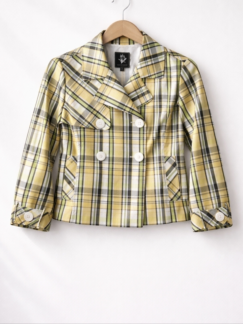 Abbie Mags~Women Yellow Plaid Peacoat Button Jacket~Spring~Double Breasted~MED